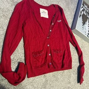 Hollister Co. Women's Red and Burgundy Cardigan velvet & lace fringe details